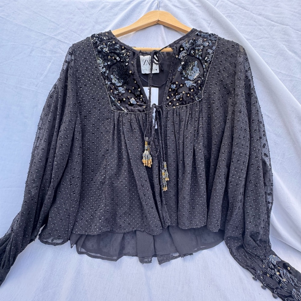 Zara Gray Oversized Graphic Blouse with Bib Collar
